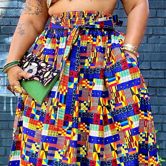 Tribal Abstract Mix Wax Print Cotton Tie Waist Maxi Skirt One Size Plus Size - Picture 6 of 12